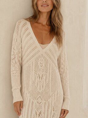 Anthropologie Ivory Crochet Knit Maxi Dress Size M